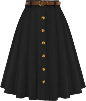 Belle Poque Women's Vintage Stretch High Waist A-Line Flared Midi Skirts with Pockets & Belts