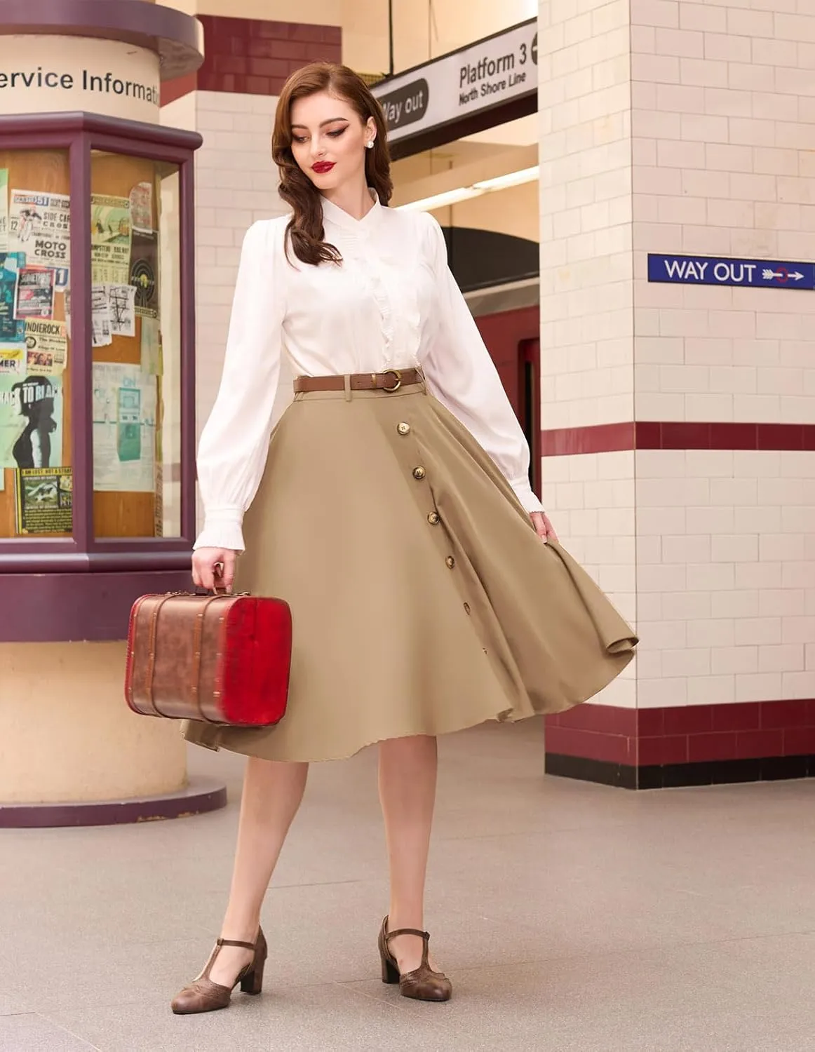 Belle Poque Women's Vintage Stretch High Waist A-Line Flared Midi Skirts with Pockets & Belts
