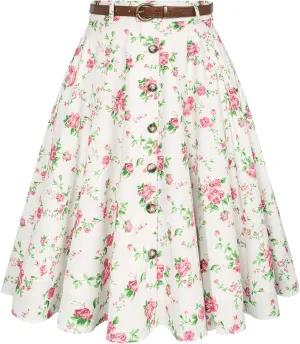 Belle Poque Women's Vintage Stretch High Waist A-Line Flared Midi Skirts with Pockets & Belts