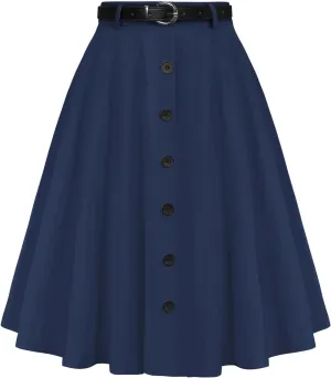 Belle Poque Women's Vintage Stretch High Waist A-Line Flared Midi Skirts with Pockets & Belts
