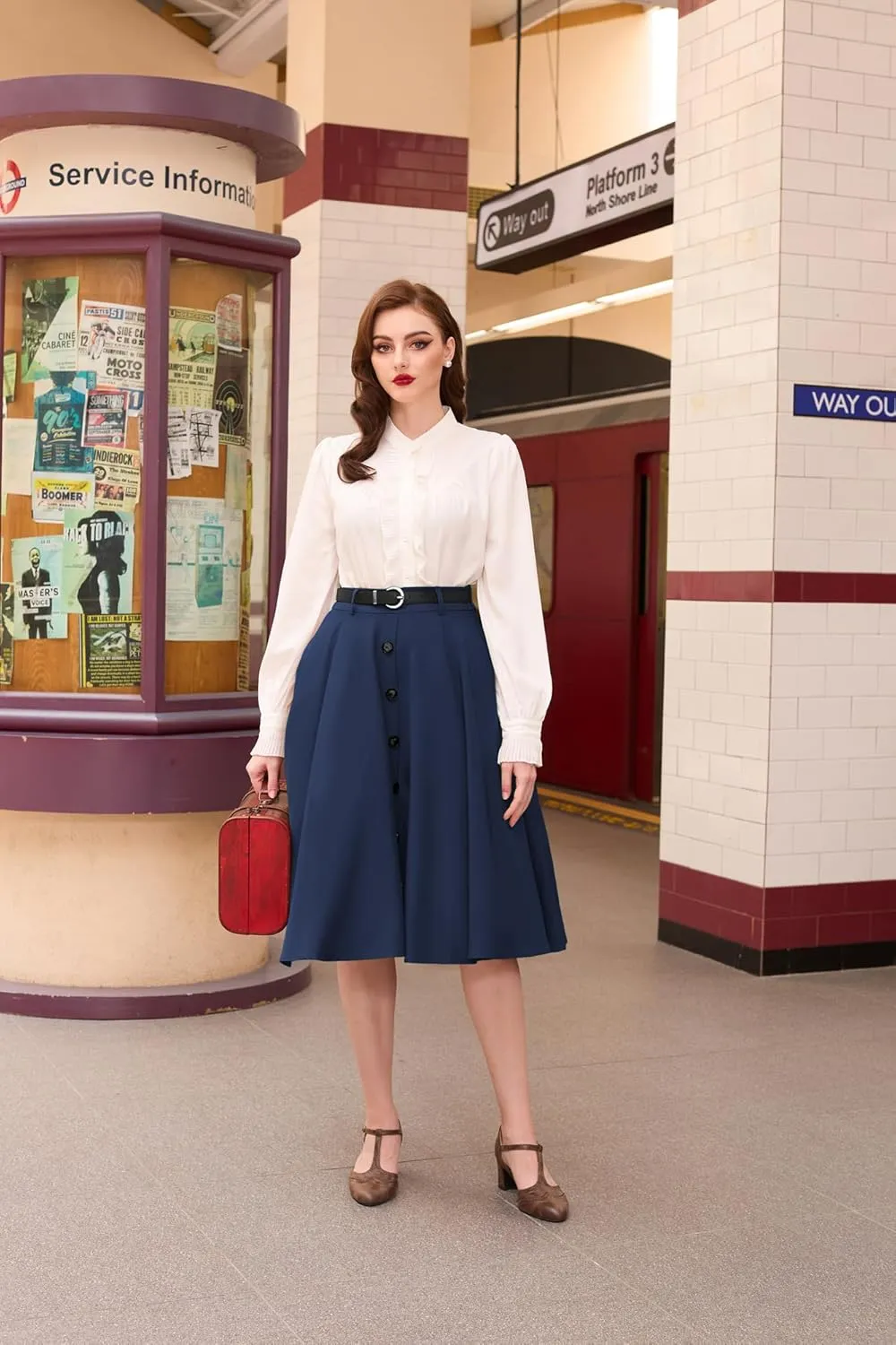 Belle Poque Women's Vintage Stretch High Waist A-Line Flared Midi Skirts with Pockets & Belts