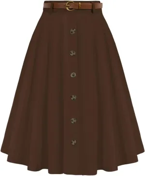 Belle Poque Women's Vintage Stretch High Waist A-Line Flared Midi Skirts with Pockets & Belts