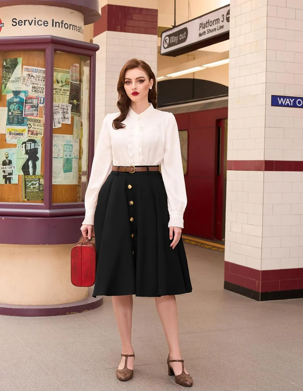 Belle Poque Women's Vintage Stretch High Waist A-Line Flared Midi Skirts with Pockets & Belts