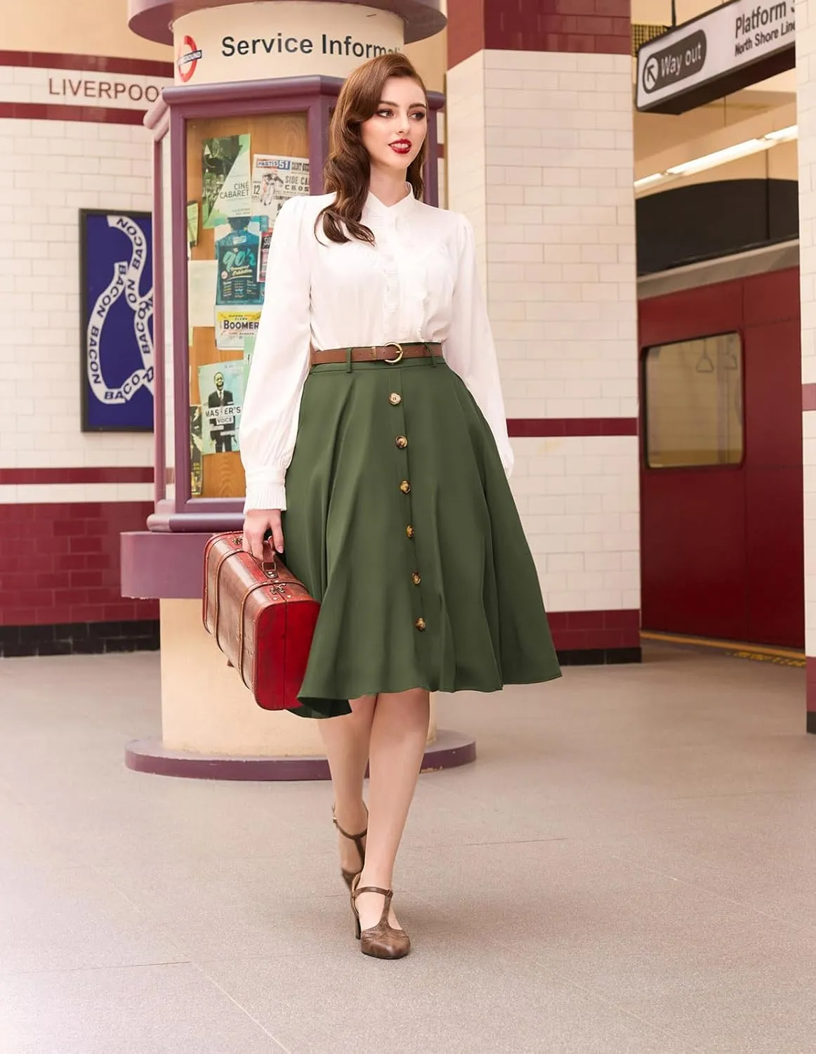 Belle Poque Women's Vintage Stretch High Waist A-Line Flared Midi Skirts with Pockets & Belts