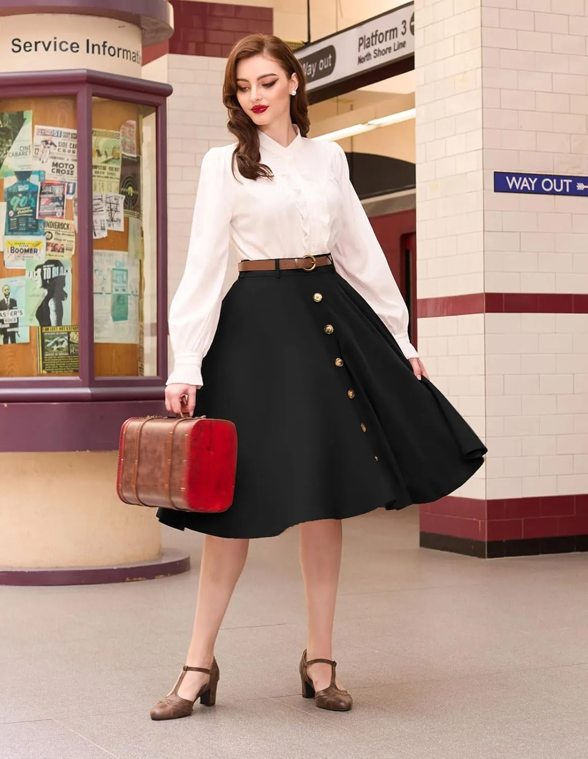 Belle Poque Women's Vintage Stretch High Waist A-Line Flared Midi Skirts with Pockets & Belts