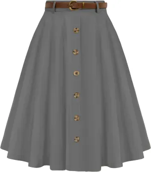 Belle Poque Women's Vintage Stretch High Waist A-Line Flared Midi Skirts with Pockets & Belts