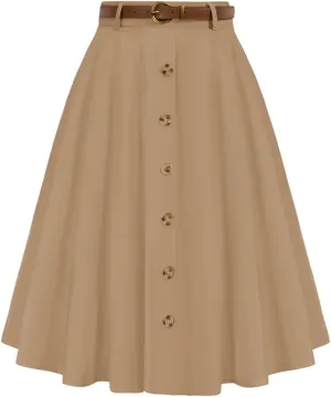 Belle Poque Women's Vintage Stretch High Waist A-Line Flared Midi Skirts with Pockets & Belts