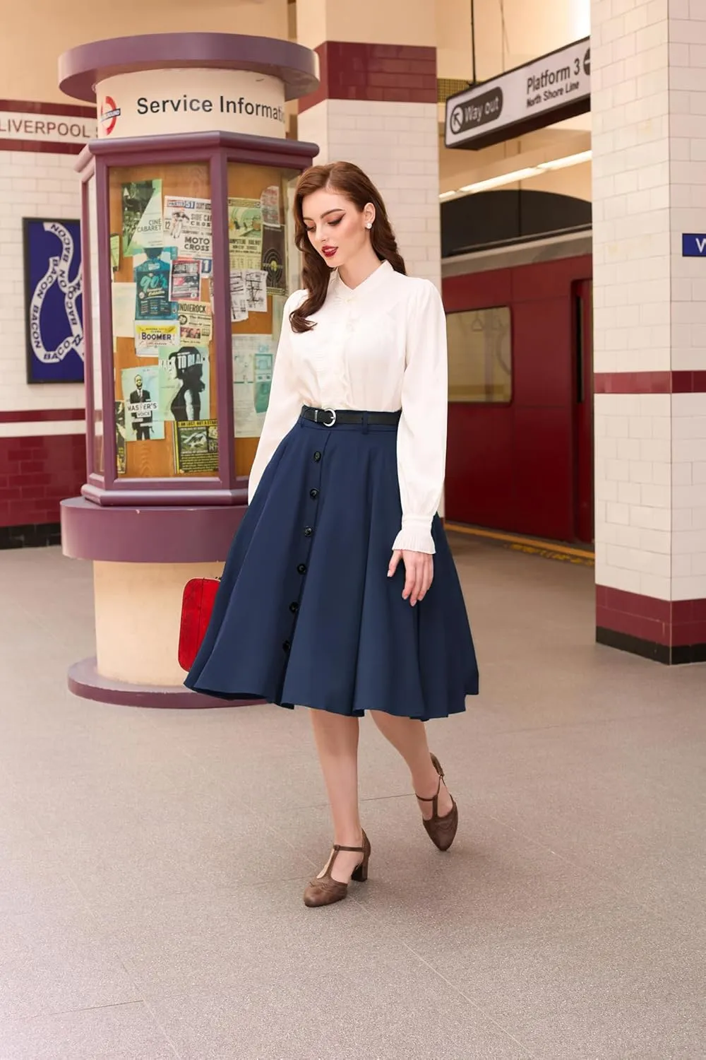 Belle Poque Women's Vintage Stretch High Waist A-Line Flared Midi Skirts with Pockets & Belts