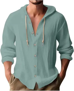Big and Tall Linen Hoodie Beach Hippie Shirts for Men Casual Button Up Long Sleeve Shirts Plus Size Mens Linen Shirt