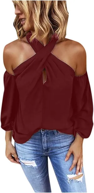 Binmer Crisscross Halter Tops for Womens Sexy Long Sleeve Shirts Casual Loose Comfy Solid Backless Tunic Blouse Fashion 2024