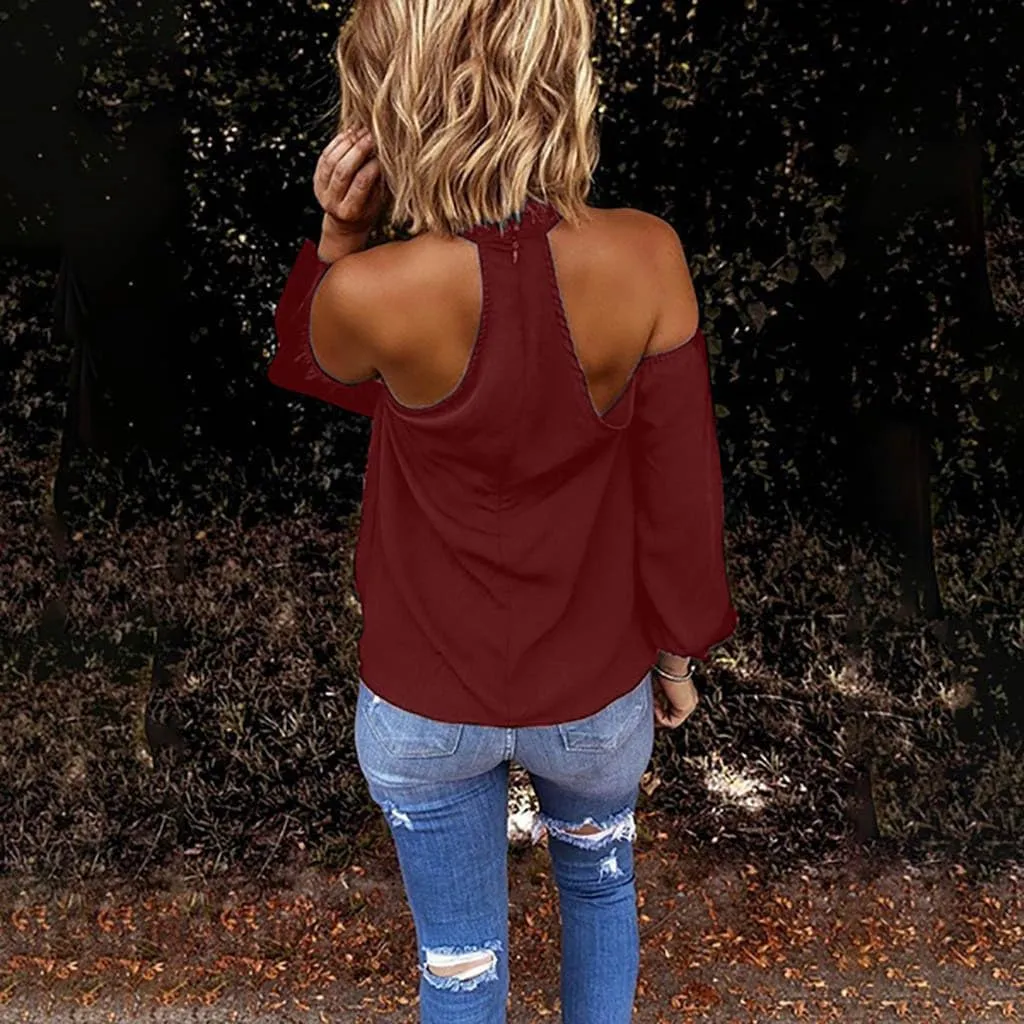 Binmer Crisscross Halter Tops for Womens Sexy Long Sleeve Shirts Casual Loose Comfy Solid Backless Tunic Blouse Fashion 2024