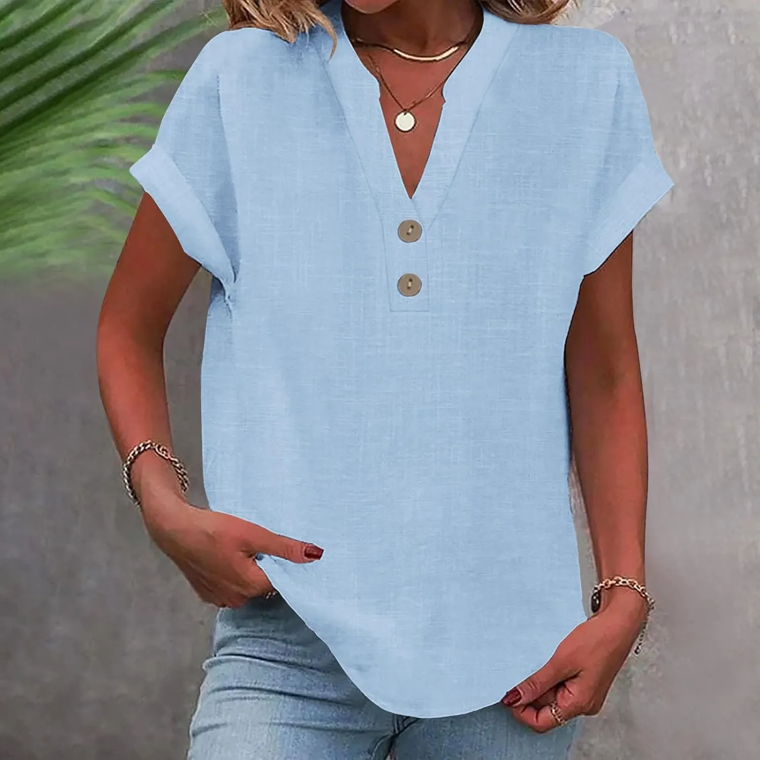 Binmer Half Button Linen Tops for Womens Oversized Short Sleeve V Neck Shirts Loose Fit Tunic Blouse Casual Summer Tee