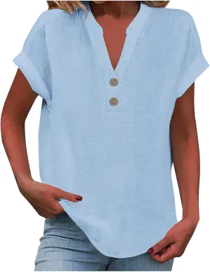 Binmer Half Button Linen Tops for Womens Oversized Short Sleeve V Neck Shirts Loose Fit Tunic Blouse Casual Summer Tee