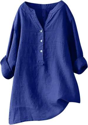 Binmer Women Linen Button Down Shirt Oversized Long Sleeve Blouse Ladies Summer Casual V Neck Beach Top.Plus Size S-5X