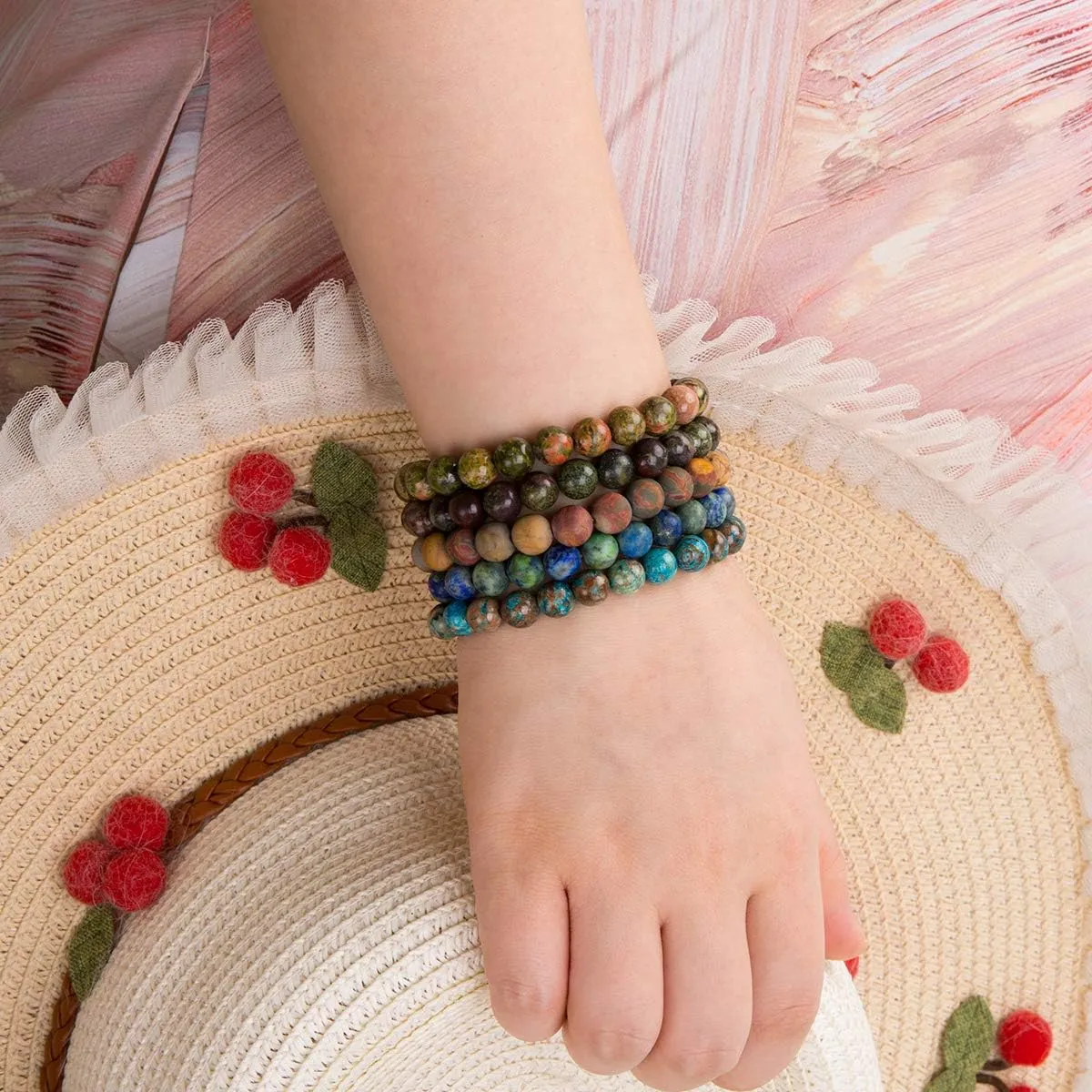 Bivei Beaded Bracelet Set 5pcs for Women Men - Natural Gemstone Crystal Bracelets Healing Anxiety Round Stretch Jewelry
