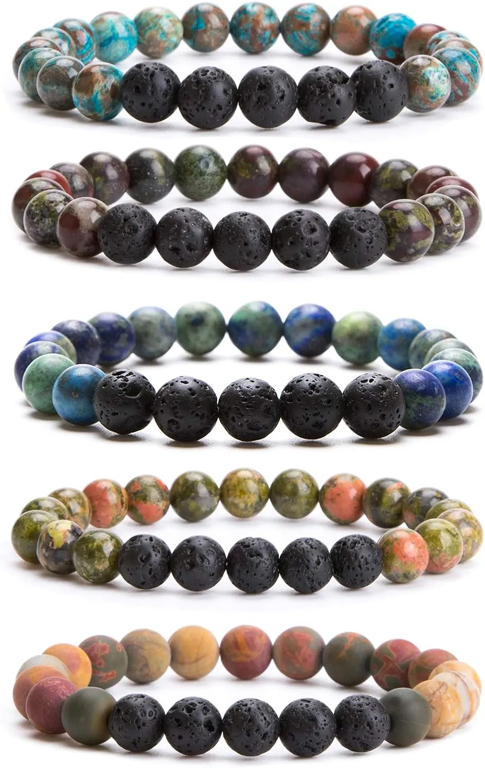Bivei Beaded Bracelet Set 5pcs for Women Men - Natural Gemstone Crystal Bracelets Healing Anxiety Round Stretch Jewelry
