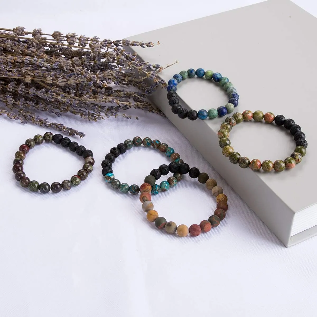 Bivei Beaded Bracelet Set 5pcs for Women Men - Natural Gemstone Crystal Bracelets Healing Anxiety Round Stretch Jewelry