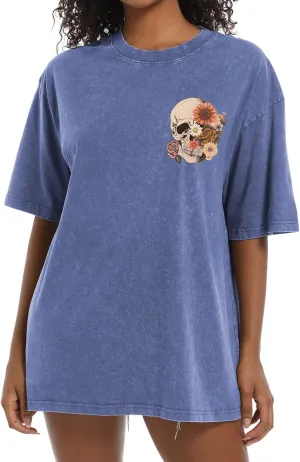 Bobeutou Oversized Vintage T Shirts for Women Skull Shirts Skeleton Gothic Graphic Acid Wash Tshirts Baggy Tee Crew Neck Tops