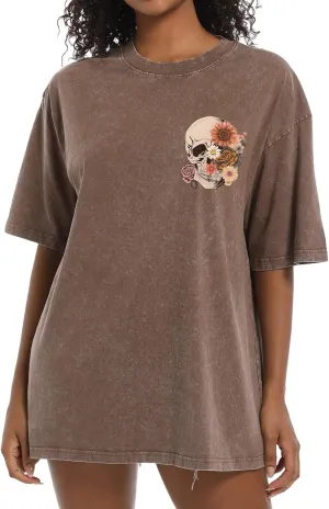 Bobeutou Oversized Vintage T Shirts for Women Skull Shirts Skeleton Gothic Graphic Acid Wash Tshirts Baggy Tee Crew Neck Tops