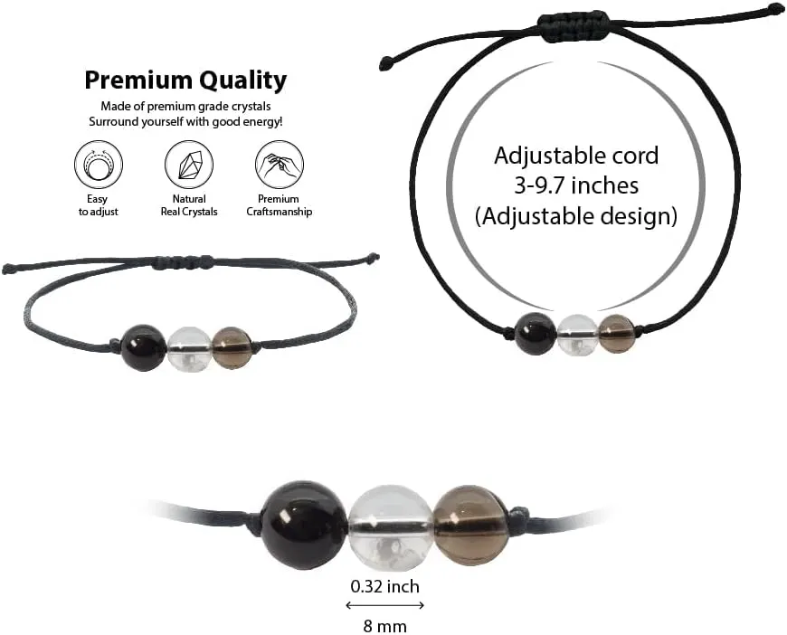 BOHO GARDEN Healing Bead Bracelets - Spiritual Crystal Beaded Bracelet - Made of 3 Real & Natural Gemstones, Adjustable 3-9.7 Black Rope - Gem Stones Jewelry for Men, Women, Teens (13 ) - 8mm Bead