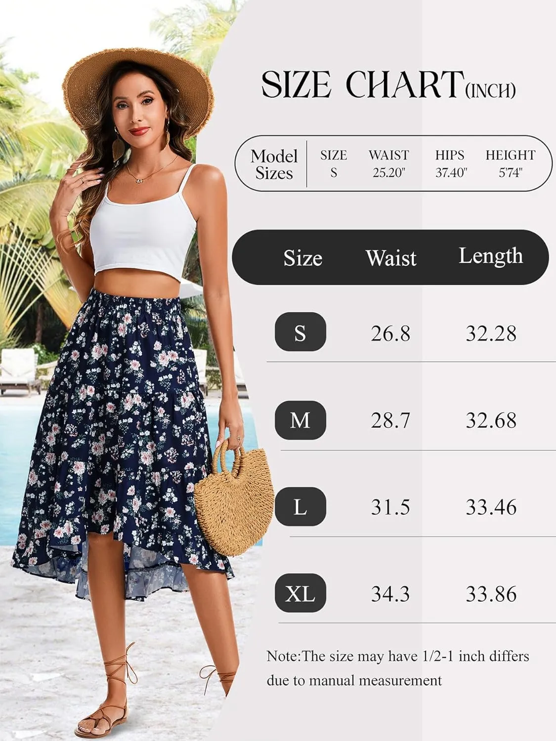 Boho Midi Skirt for Women Floral Long Summer Beach Skirts Elastic High Waist Casual Flowy Skirt High Low Hem