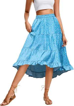 Boho Midi Skirt for Women Floral Long Summer Beach Skirts Elastic High Waist Casual Flowy Skirt High Low Hem