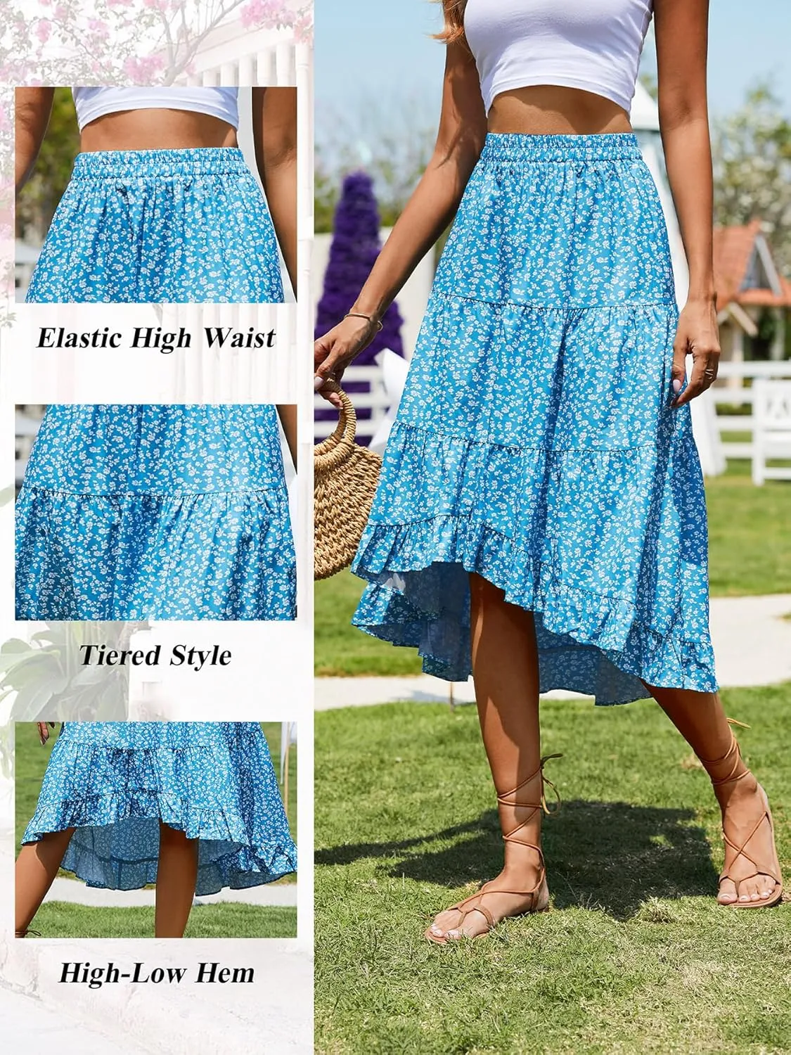 Boho Midi Skirt for Women Floral Long Summer Beach Skirts Elastic High Waist Casual Flowy Skirt High Low Hem
