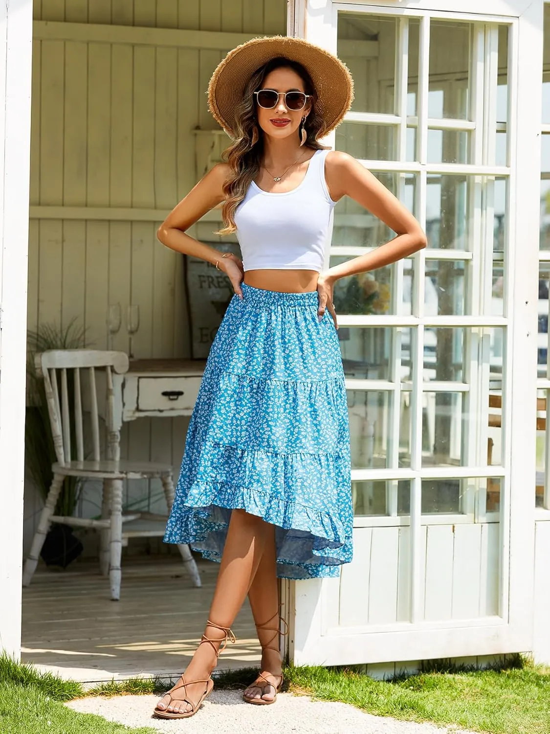 Boho Midi Skirt for Women Floral Long Summer Beach Skirts Elastic High Waist Casual Flowy Skirt High Low Hem