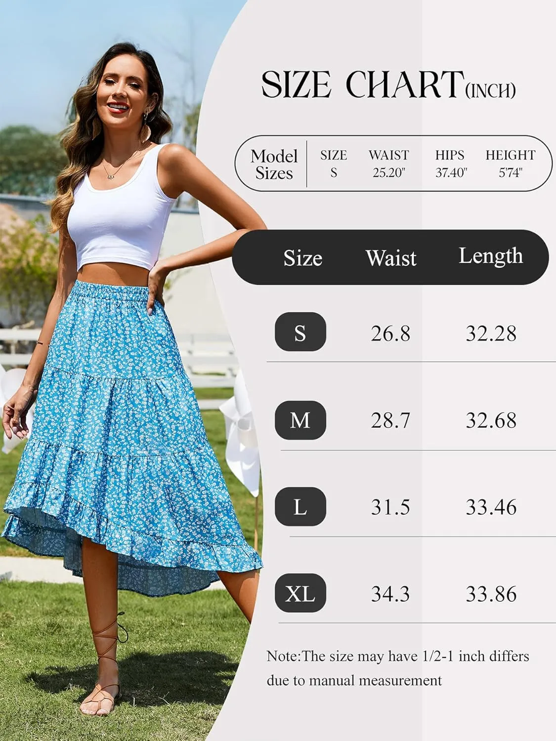 Boho Midi Skirt for Women Floral Long Summer Beach Skirts Elastic High Waist Casual Flowy Skirt High Low Hem