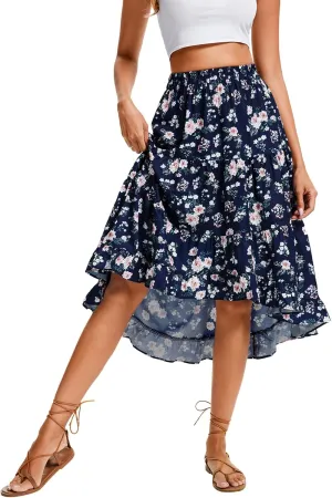 Boho Midi Skirt for Women Floral Long Summer Beach Skirts Elastic High Waist Casual Flowy Skirt High Low Hem