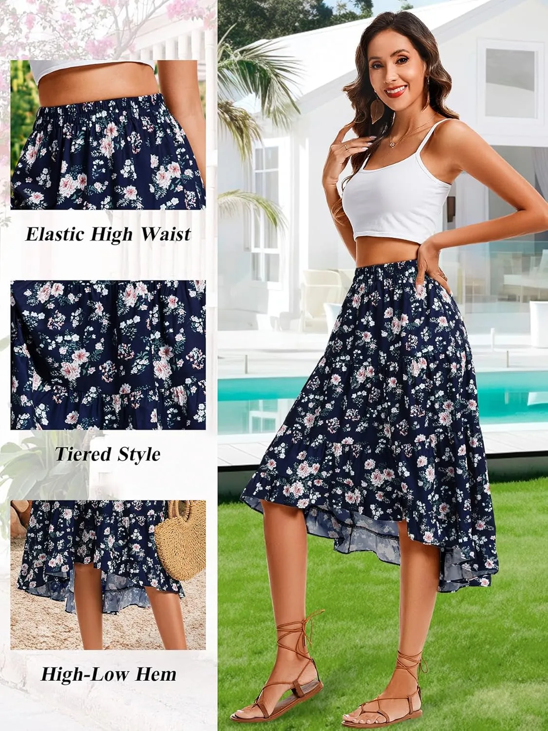 Boho Midi Skirt for Women Floral Long Summer Beach Skirts Elastic High Waist Casual Flowy Skirt High Low Hem