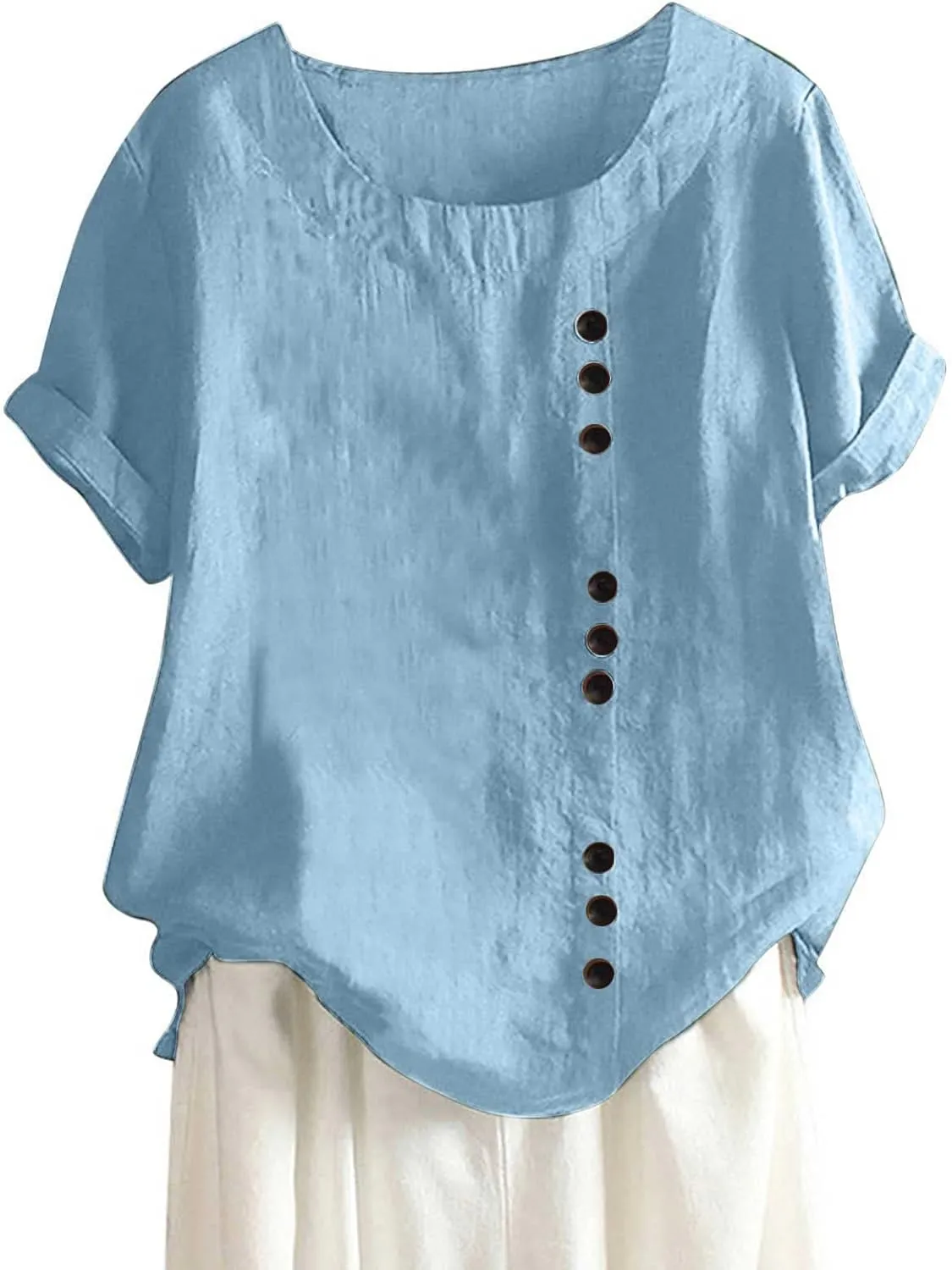 Boho Tops for Women Summer Cotton Linen Shirts Casual Round Neck Blouse Short Sleeve T-Shirt Vacation Outfits
