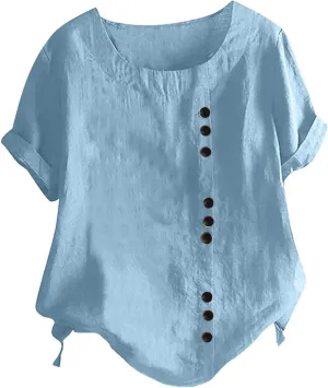 Boho Tops for Women Summer Cotton Linen Shirts Casual Round Neck Blouse Short Sleeve T-Shirt Vacation Outfits