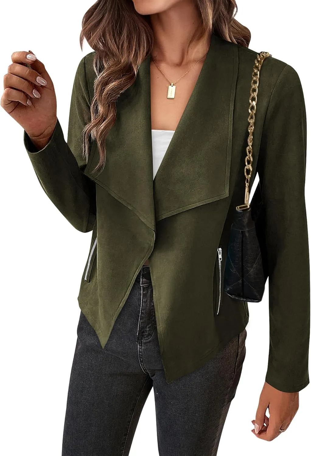 BTFBM Womens Faux Suede Jackets Dressy Spring Summer Clothes 2025 Lapel Long Sleeve Open Front Cropped Outerwear Coats