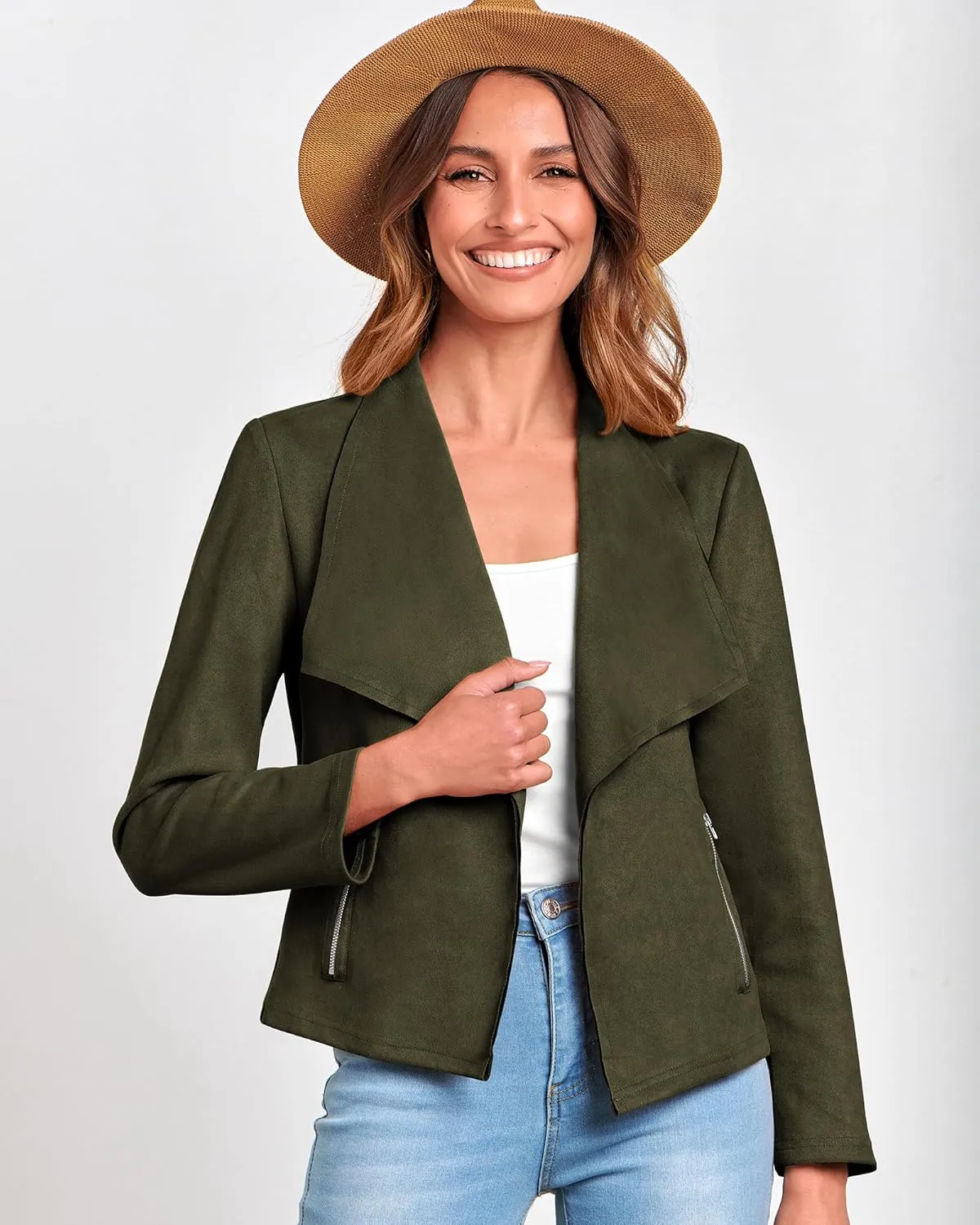 BTFBM Womens Faux Suede Jackets Dressy Spring Summer Clothes 2025 Lapel Long Sleeve Open Front Cropped Outerwear Coats