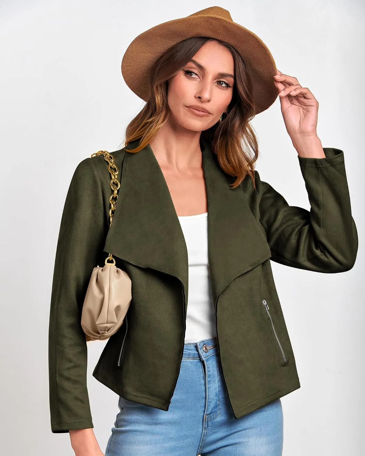 BTFBM Womens Faux Suede Jackets Dressy Spring Summer Clothes 2025 Lapel Long Sleeve Open Front Cropped Outerwear Coats