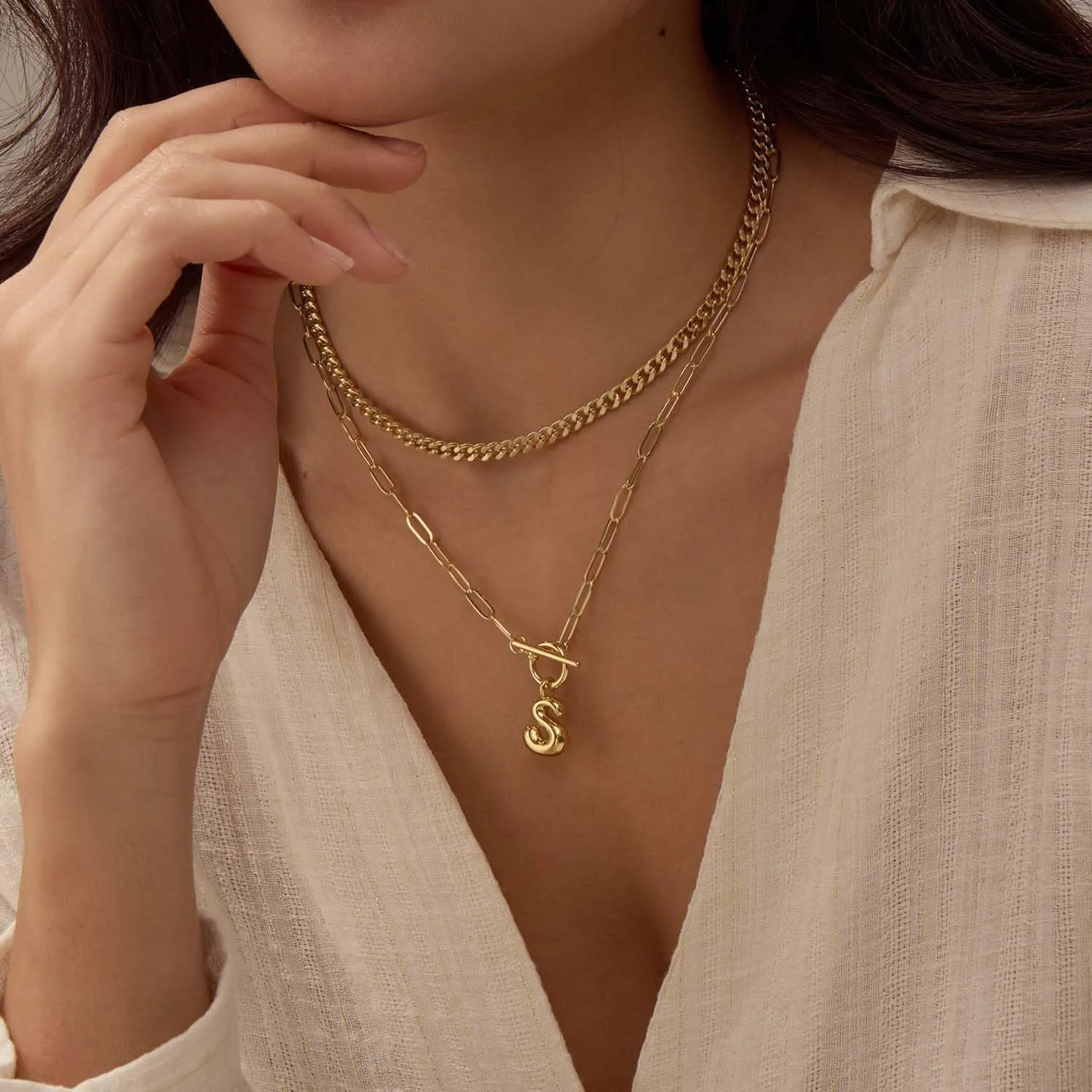 Bubble Gold Letter Necklace Layered Initial Necklaces for Women Dainty Cuban Chain Choker Necklace 14K Gold Plated Letter Necklace Personalized Name Necklace Cute Jewelry Gifts