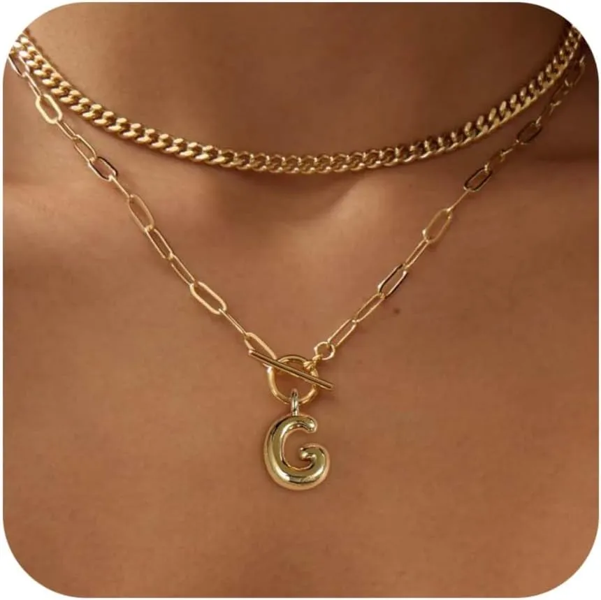 Bubble Gold Letter Necklace Layered Initial Necklaces for Women Dainty Cuban Chain Choker Necklace 14K Gold Plated Letter Necklace Personalized Name Necklace Cute Jewelry Gifts