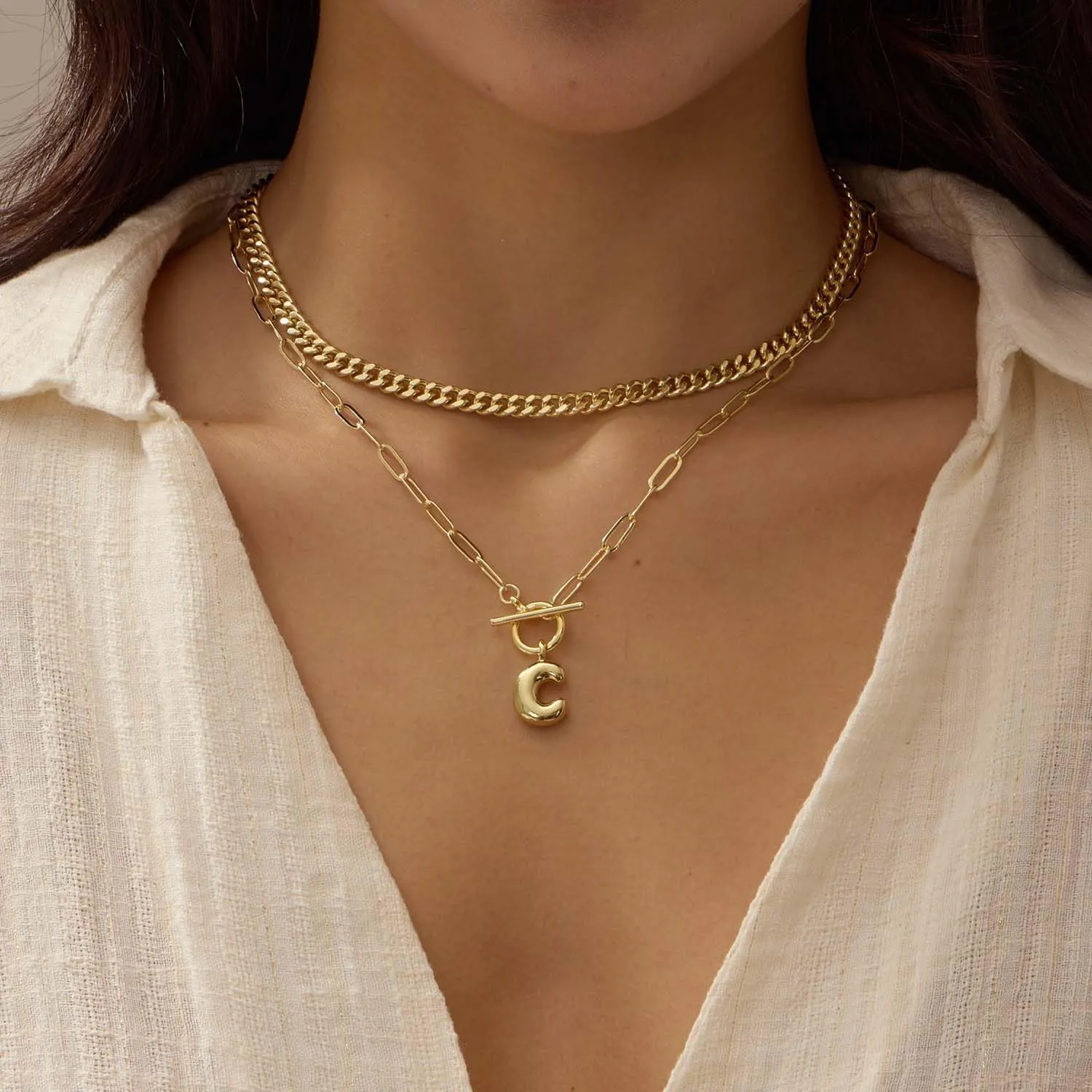 Bubble Gold Letter Necklace Layered Initial Necklaces for Women Dainty Cuban Chain Choker Necklace 14K Gold Plated Letter Necklace Personalized Name Necklace Cute Jewelry Gifts