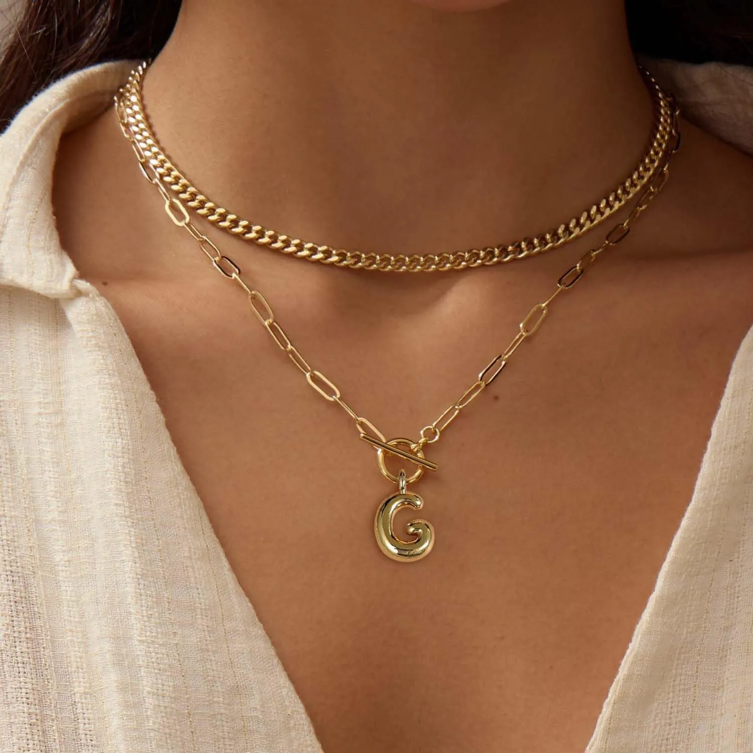 Bubble Gold Letter Necklace Layered Initial Necklaces for Women Dainty Cuban Chain Choker Necklace 14K Gold Plated Letter Necklace Personalized Name Necklace Cute Jewelry Gifts