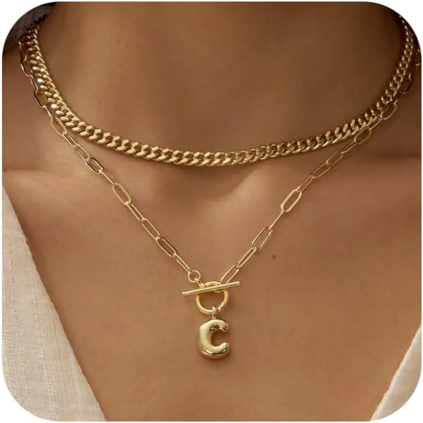Bubble Gold Letter Necklace Layered Initial Necklaces for Women Dainty Cuban Chain Choker Necklace 14K Gold Plated Letter Necklace Personalized Name Necklace Cute Jewelry Gifts