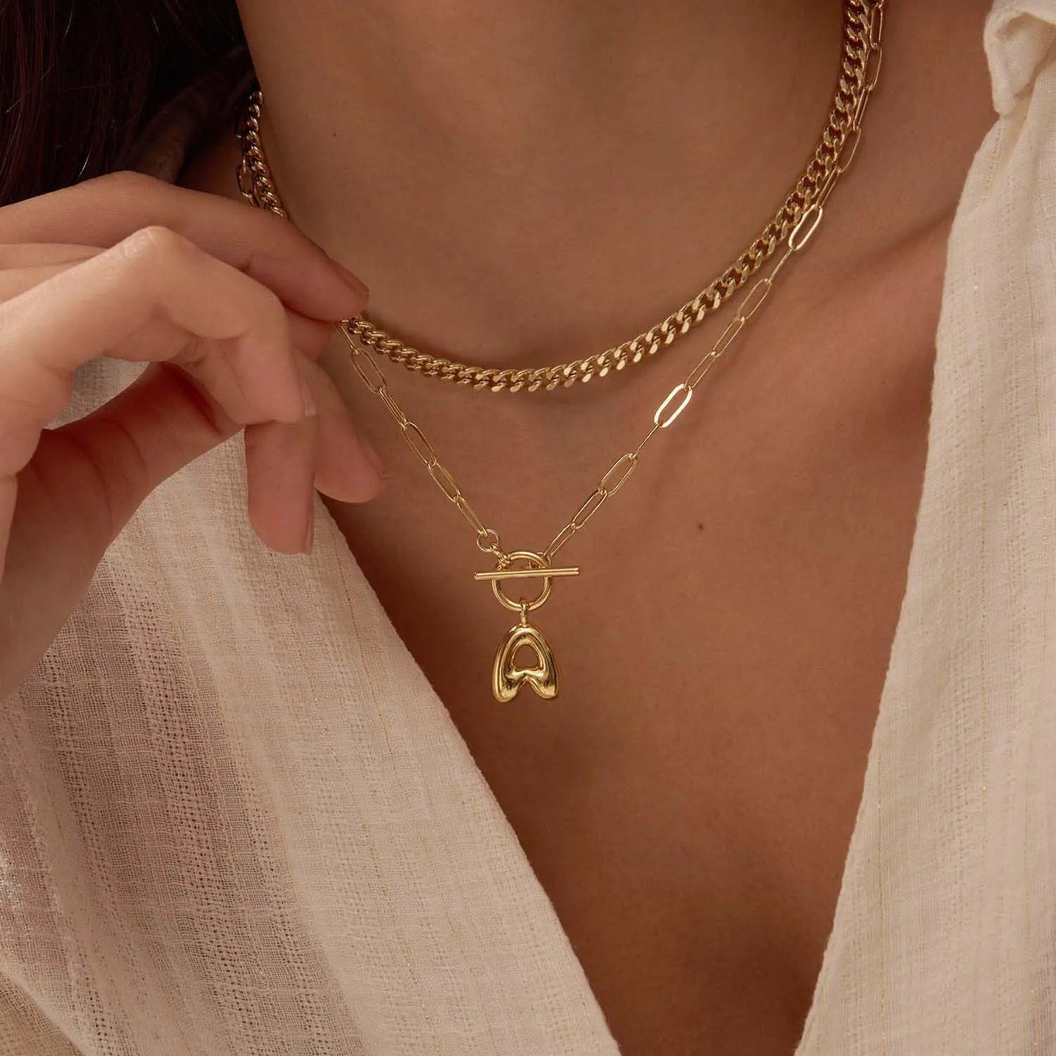 Bubble Gold Letter Necklace Layered Initial Necklaces for Women Dainty Cuban Chain Choker Necklace 14K Gold Plated Letter Necklace Personalized Name Necklace Cute Jewelry Gifts