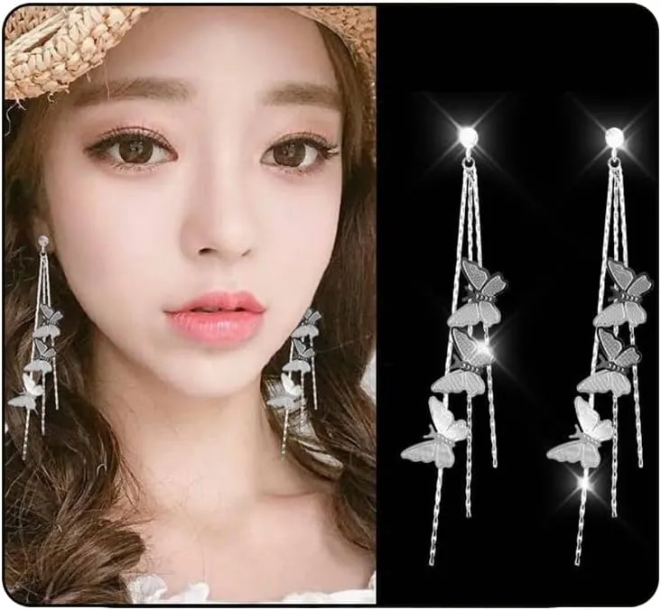 Butterfly Tassel Earrings,Crystal Rhinestone Butterfly Drop Dangle Stud Earrings,Long Chain Insect Tassel Earring Fashion Jewelry Accessories for Women