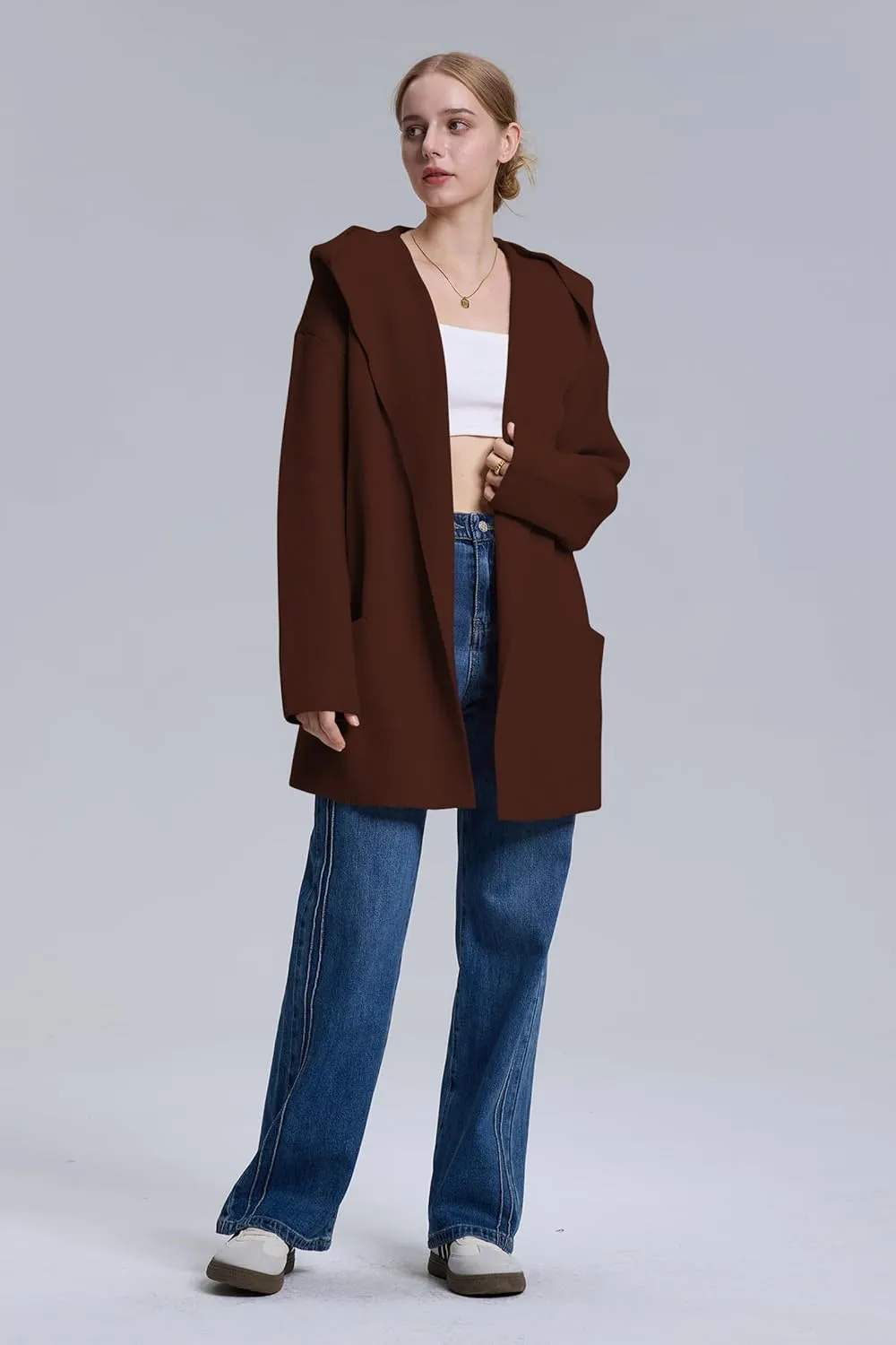 Cakulo Womens Long Hooded Cardigan Sweaters 2024 Oversized Cardigans Open Front Fall Knit Sweater Coat with Pockets