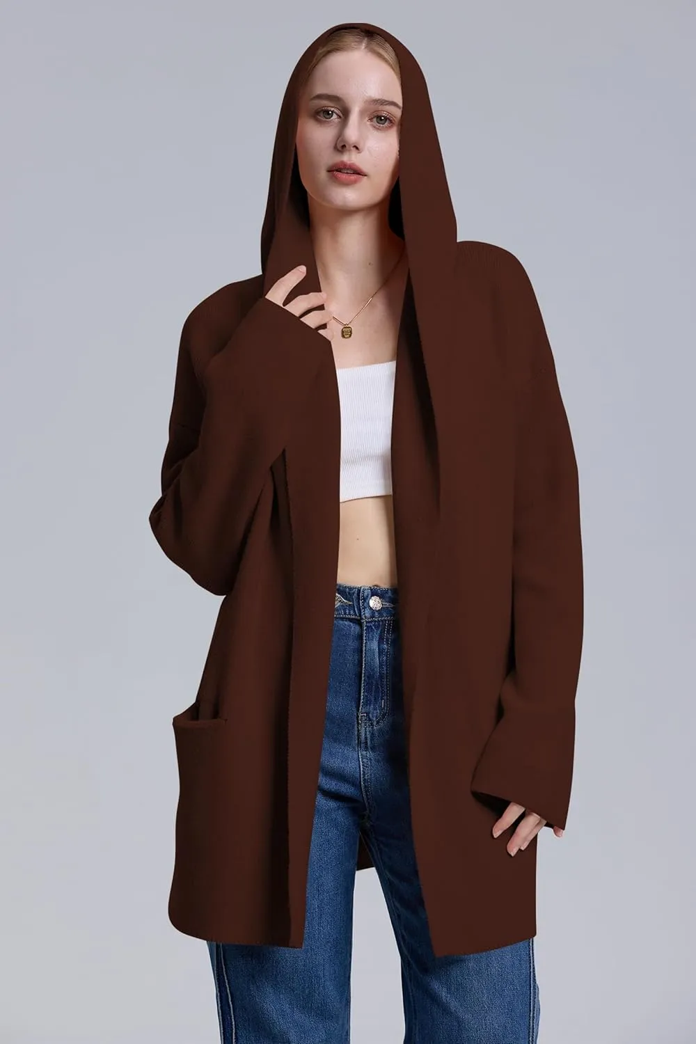 Cakulo Womens Long Hooded Cardigan Sweaters 2024 Oversized Cardigans Open Front Fall Knit Sweater Coat with Pockets