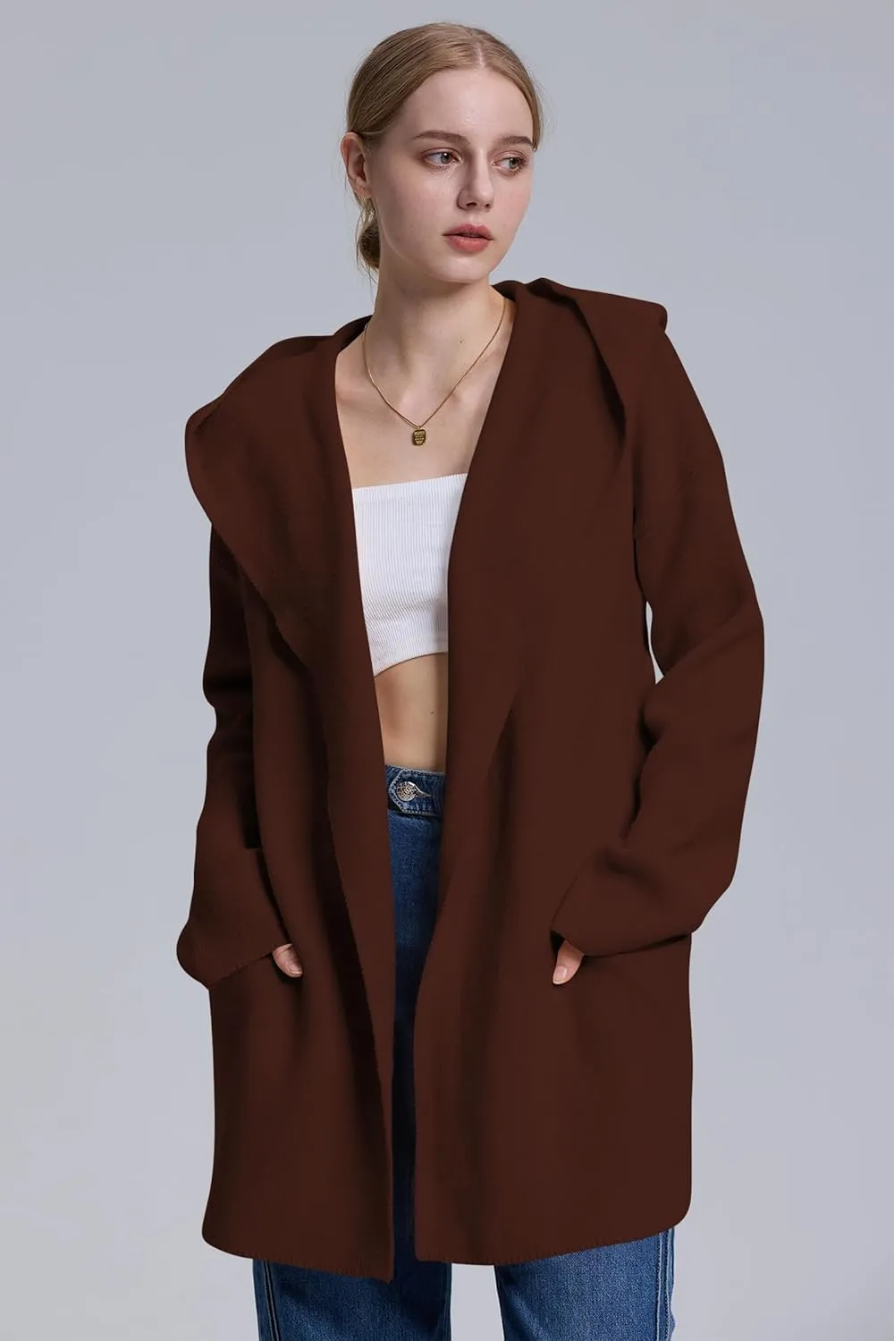 Cakulo Womens Long Hooded Cardigan Sweaters 2024 Oversized Cardigans Open Front Fall Knit Sweater Coat with Pockets