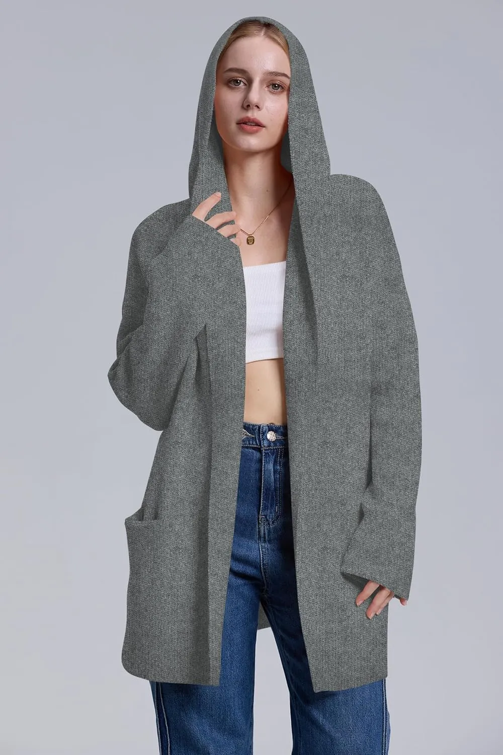 Cakulo Womens Long Hooded Cardigan Sweaters 2024 Oversized Cardigans Open Front Fall Knit Sweater Coat with Pockets