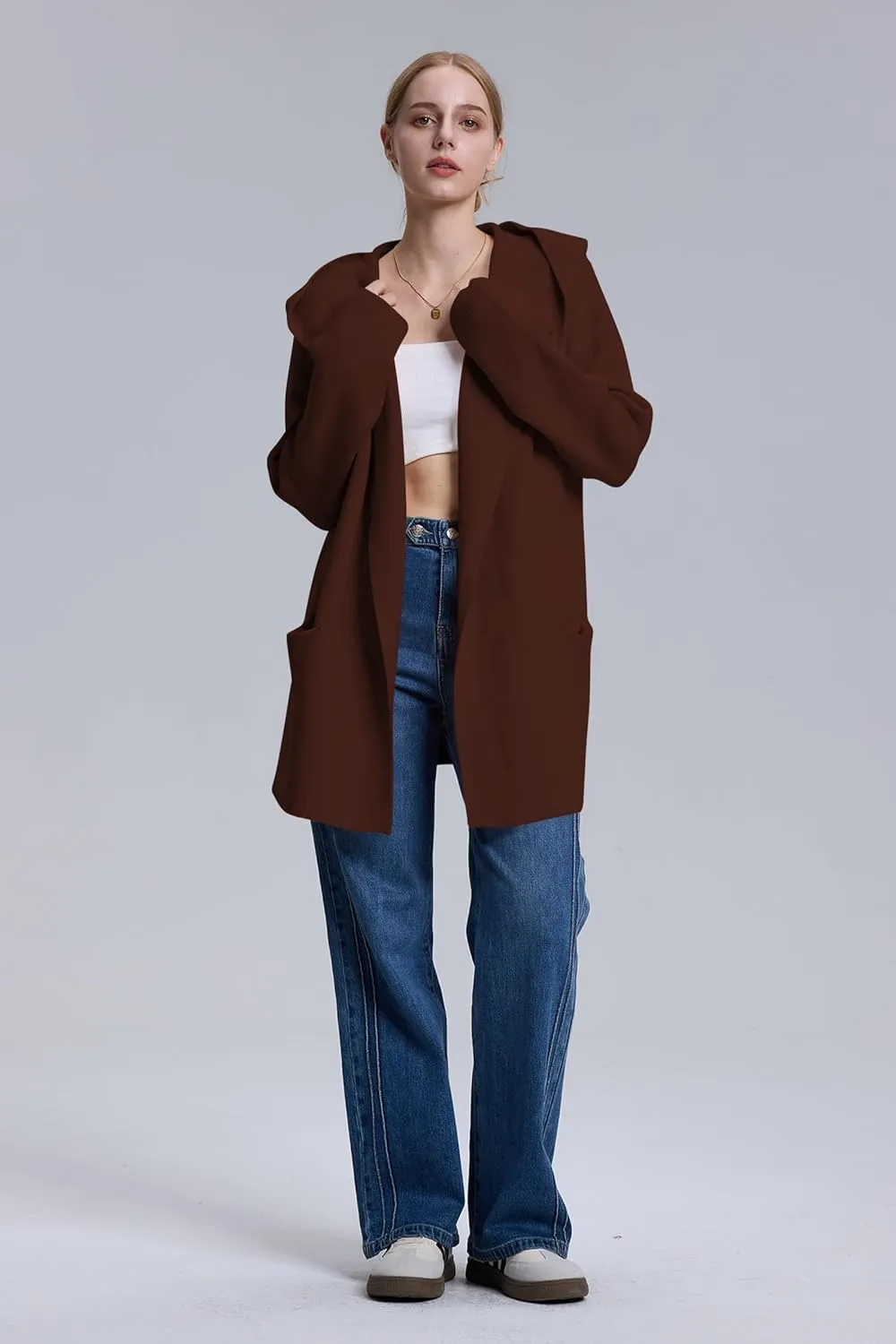 Cakulo Womens Long Hooded Cardigan Sweaters 2024 Oversized Cardigans Open Front Fall Knit Sweater Coat with Pockets