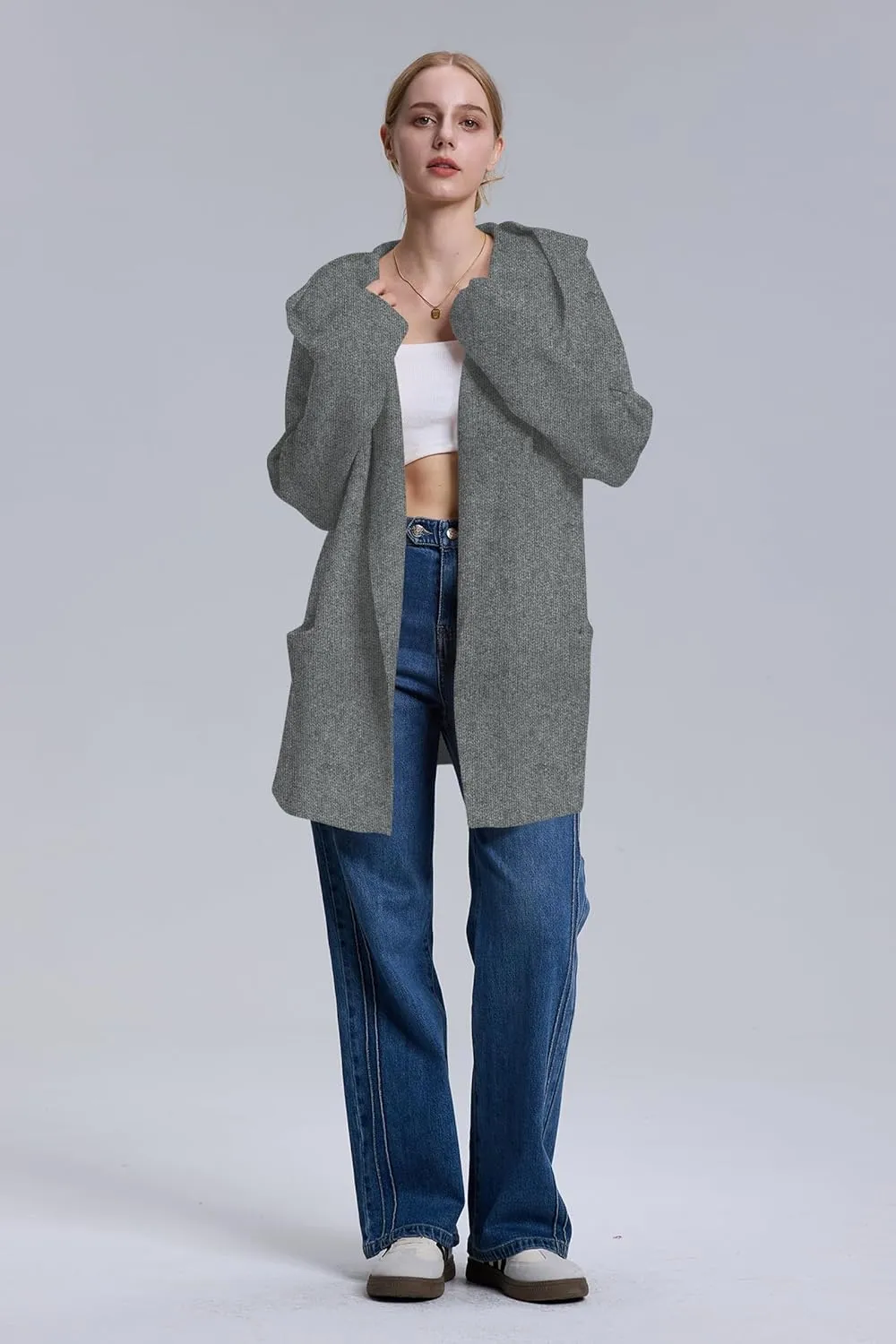 Cakulo Womens Long Hooded Cardigan Sweaters 2024 Oversized Cardigans Open Front Fall Knit Sweater Coat with Pockets