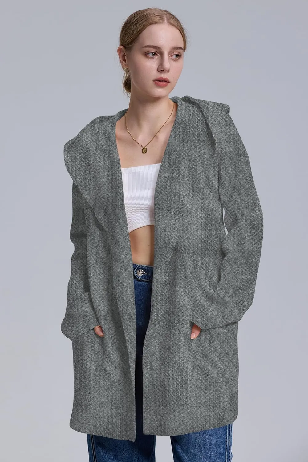 Cakulo Womens Long Hooded Cardigan Sweaters 2024 Oversized Cardigans Open Front Fall Knit Sweater Coat with Pockets